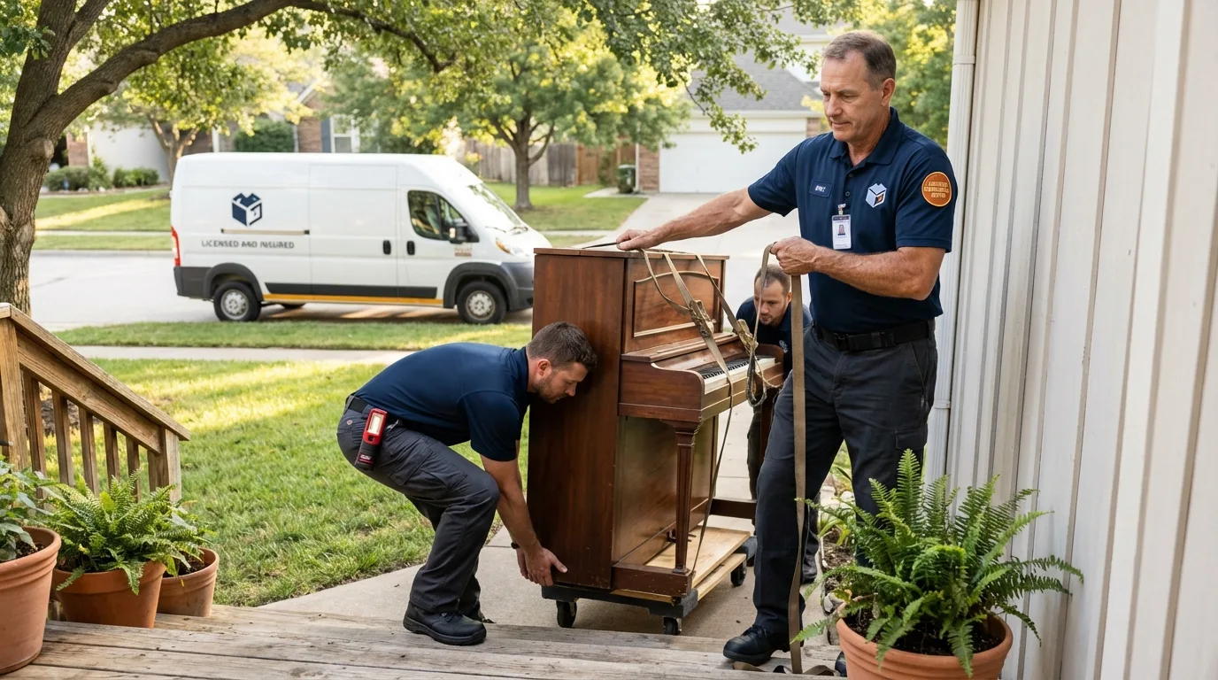 Licensed piano movers securing grand piano in Bethpage, NY