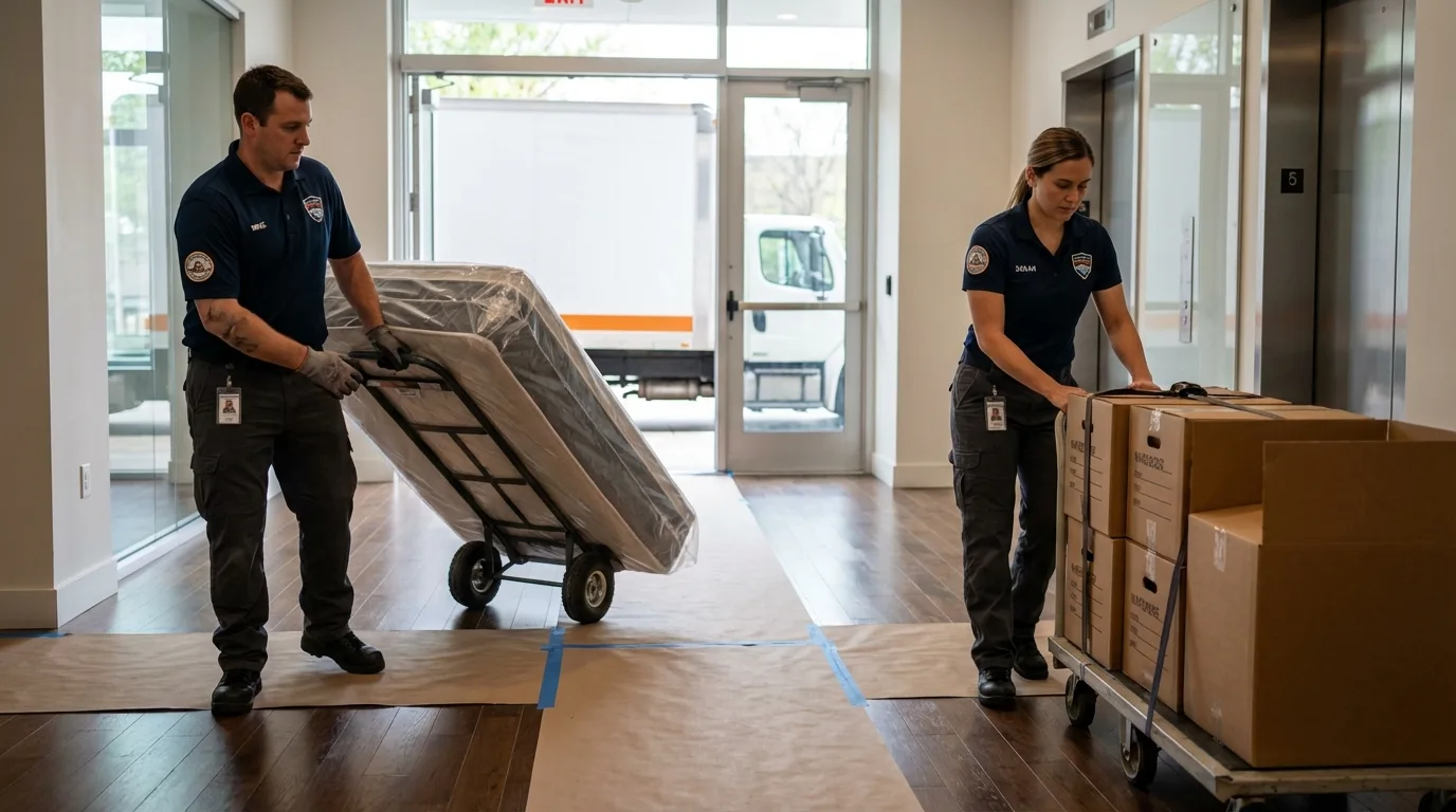 Professional apartment movers loading elevator in Bethpage, NY